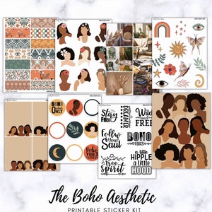 May include: Printable sticker kit with a boho aesthetic. The kit includes stickers with various designs, including abstract faces, flowers, suns, moons, and text phrases like "boho vibes only" and "stay free".