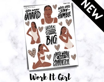 May include: Printable stickers featuring motivational quotes and illustrations of women. The quotes include "Work Smart, Ohard", "Work Hard, Dream Big", "Work Hard, Stay Humble", and "Hard Work Build Character".