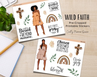 May include: Printable stickers with a religious theme. The stickers feature a woman in a dress, a cross with a leopard print, rainbows, and inspirational quotes like "Blessed + Beyond Measure" and "But First, Pray".