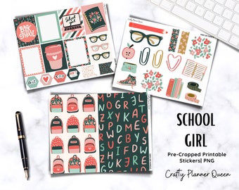 Back to School Planner Stickers, Happy Planner Kit, School Girl Printable Stickers, Back to School Sticker kit, Pre Cropped PNG, Digital