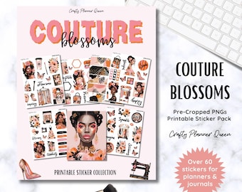 May include: A printable sticker pack with over 60 stickers featuring a black woman with flowers in her hair and a pink background. The text "COUTURE BLOSSOMS" is in large, bold letters. The text "Pre-Cropped PNGs Printable Sticker Pack" is below the title. The text "Crafty Planner Queen" is below the sticker pack description. The text "Over 60 stickers for planners & journals" is in a starburst shape.