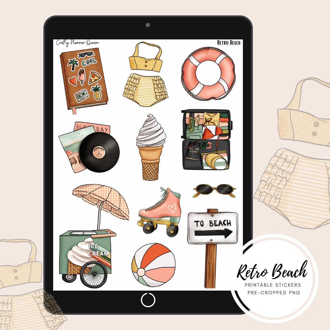 Printable Stickers, Beach Clipart, Retro Beach Stationery, Summer ...