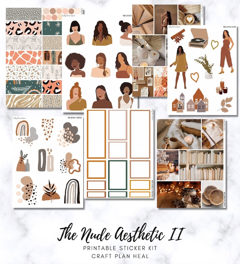 May include: Printable sticker kit with a nude aesthetic theme. The kit includes illustrations of women, houses, plants, and abstract shapes in brown, beige, and white colors. The text "The Nude Aesthetic II" and "CRAFT PLAN HEAL" are also included.