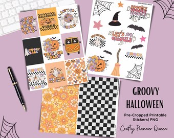 Groovy Halloween stickers, printable Halloween sticker kit, Retro Halloween, digital Halloween stickers, cut files, happy planner, printable