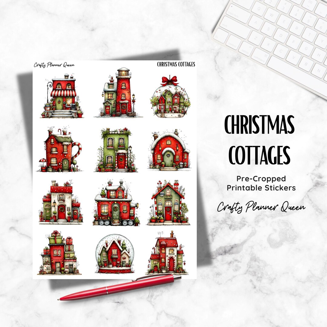 Christmas Cottages Printable Sticker Kit • Cozy Holiday Houses • Pre ...