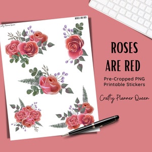 Printable Stickers for Planners, Scrapbooking or Card Making, Printable Floral Stickers, Watercolor Roses, PNG, cut file