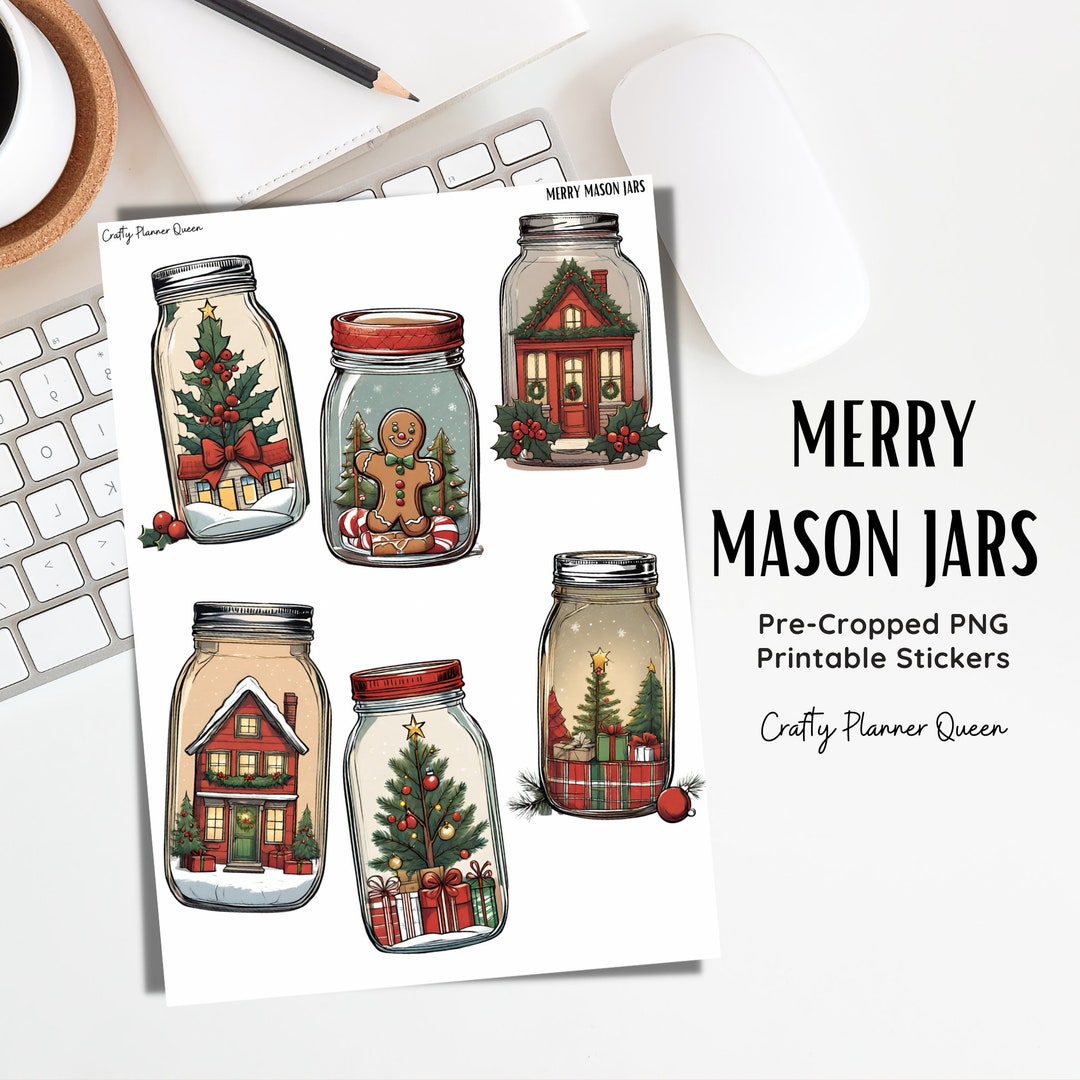 Christmas Mason Jars, Printable Sticker Sheet, Great for Planners