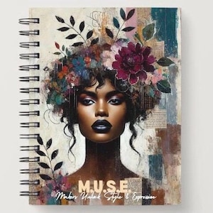 May include: A spiral bound notebook with a colorful abstract design featuring a woman with a floral crown. The text "M.U.S.E. Makers Unlock Style & Expression" is printed on the cover.