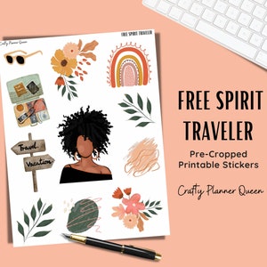 Adesivos de viagem para impressão, adesivos digitais, adesivos de planejador para impressão, garota afro-americana, adesivos de planejador de viagem, arquivo cortado