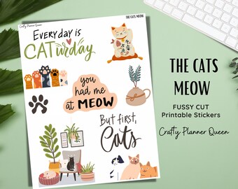 Printable Stickers for Planners, Cat Stationery, Printable Cat Stickers, Cat Lovers, Hygge Stickers, PNG, fussy cut kit