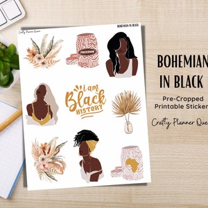 Boho, Autocollants d’histoire noire, Autocollants numériques, Autocollants de planificateur imprimables, Filles afro-américaines, Fleurs rustiques, Planificateur heureux, Coupe