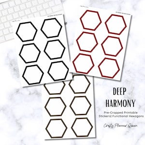 May include: Printable sticker sheets with three sets of six blank hexagonal stickers. The stickers are black, brown, and red. The text on the sheet reads "Deep Harmony Pre-Cropped Printable Stickers| Functional Hexagons Crafty Planner Queen".