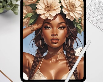 Art de la déesse à la peau brune : impression florale afrocentrique couronne sérénité (téléchargement numérique format lettre