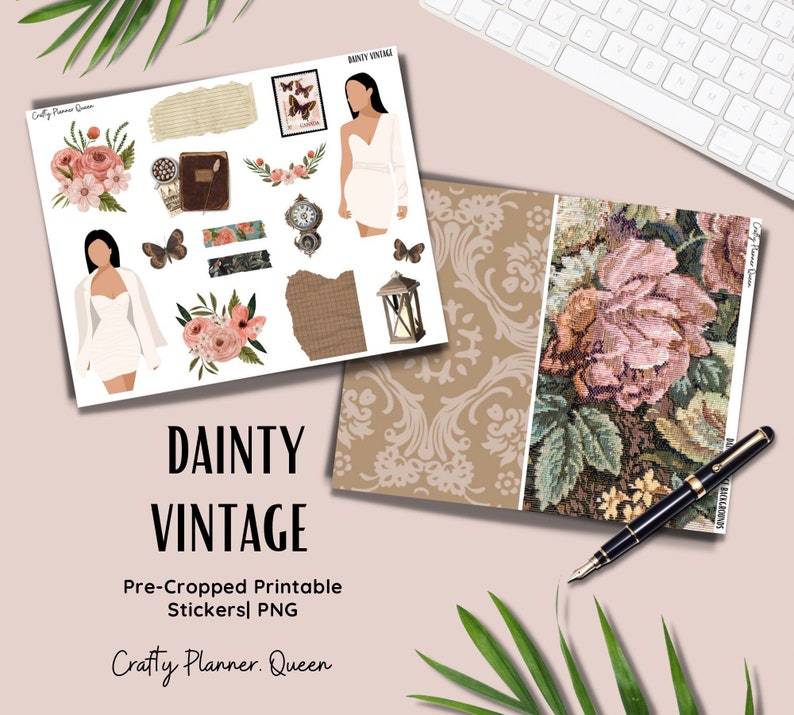 K&ouml;nnte beinhalten: Ein Satz druckbarer Aufkleber mit Vintage-&Auml;sthetik. Die Aufkleber enthalten Illustrationen von Blumen, einer Frau in einem wei&szlig;en Kleid, einer Laterne, einer Uhr und einem Buch. Die Aufkleber sind f&uuml;r die Verwendung in Planern und Tageb&uuml;chern gedacht.