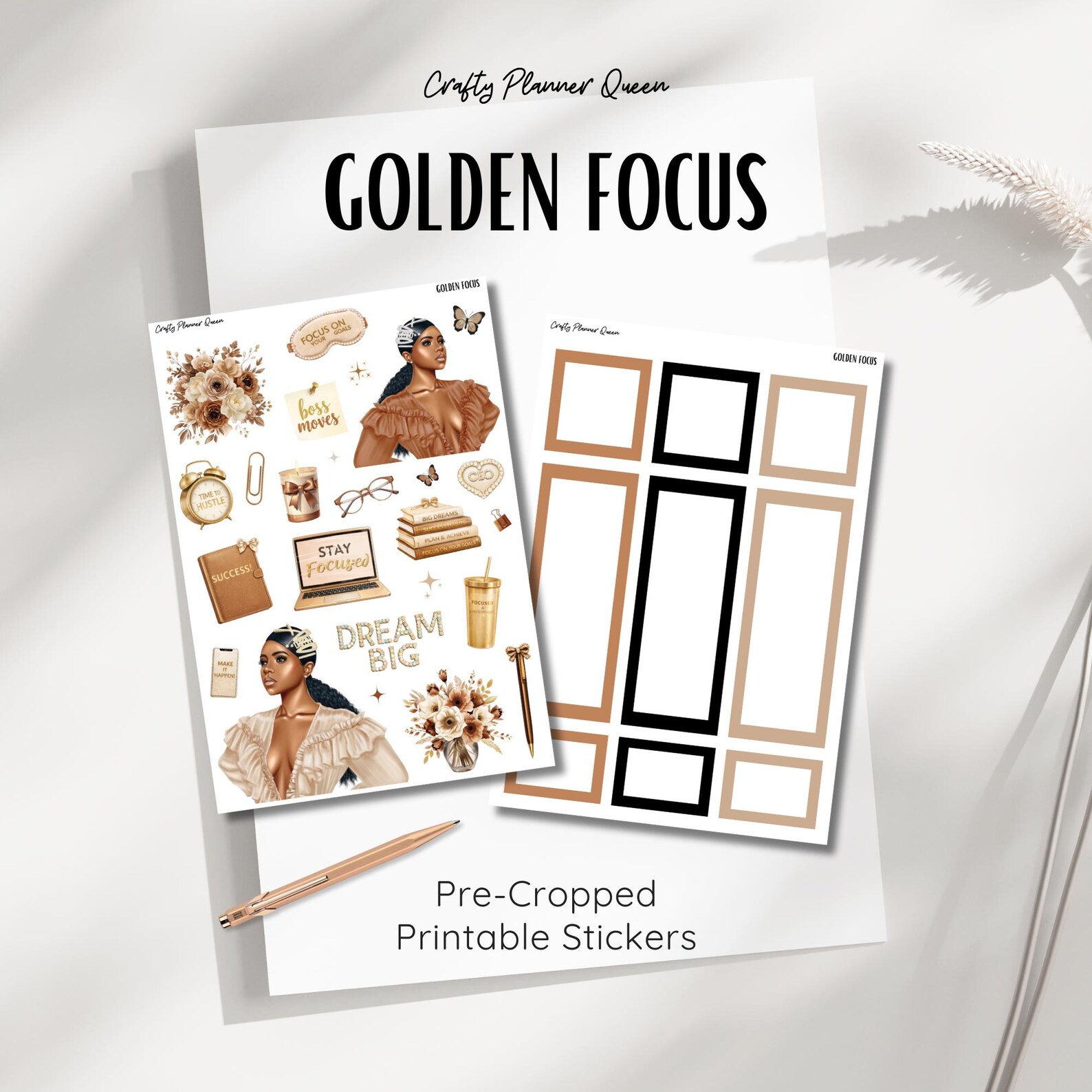 Focus Printable Planner Stickers | Neutral Gold Planner Stickers | Goal ...
