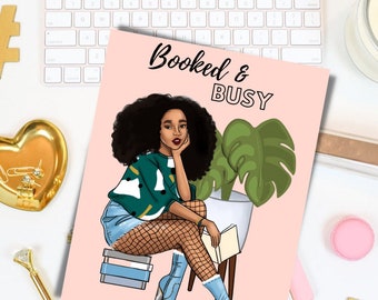 Tableau de bord de planificateur imprimable, Insert de planificateur, Clipart de livre, Afro-Américain, Fille avec livre, Planificateur heureux, B6, A5 Insert