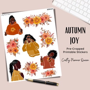 Autumn stickers - Printable Stickers with Smiling Black Girls, Natural Hair, Autumn Watercolor Florals, bujo stickers, cut file