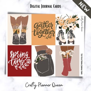 May include: Six digital journal cards featuring illustrations of legs, flowers, and text. The cards include the text "Spring time", "Gather together", and "Step into Spring Journal Cards".