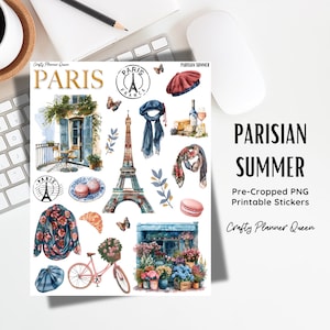 May include: A set of printable stickers featuring Parisian-themed illustrations, including the Eiffel Tower, a bicycle, a flower shop, and a Parisian cafe. The stickers are pre-cropped and ready to print.