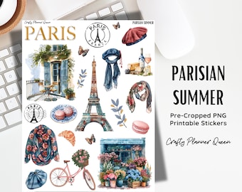 May include: A set of printable stickers featuring Parisian-themed illustrations, including the Eiffel Tower, a bicycle, a flower shop, and a Parisian cafe. The stickers are pre-cropped and ready to print.