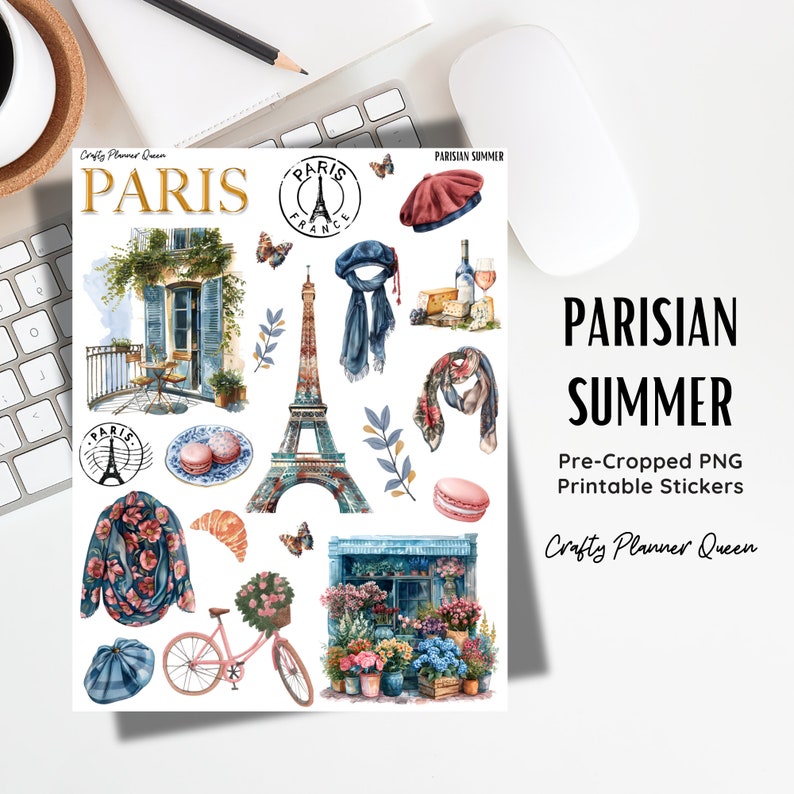 May include: A set of printable stickers featuring Parisian-themed illustrations, including the Eiffel Tower, a bicycle, a flower shop, and a Parisian cafe. The stickers are pre-cropped and ready to print.