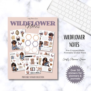 Kit d'autocollants imprimables fleurs sauvages | Stickers floraux noirs fille printanière | Autocollants pour agenda, planning, pré-recadré