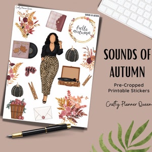 Pegatinas imprimibles de otoño, pegatinas del planificador de otoño, imágenes prediseñadas con temática musical, papelería imprimible, pegatinas del planificador digital, PNG, archivo cortado