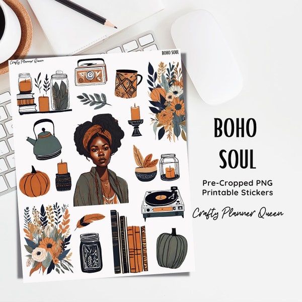 Boho afdrukbare stickerkit, digitale planners en snijmachines compatibel, herfstboho, plannerstickers, Afrikaans Amerikaans meisje, gesneden bestand