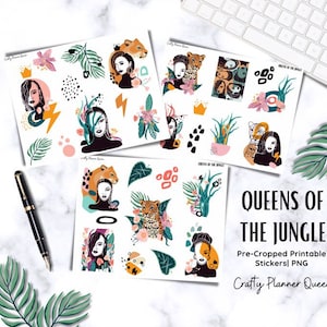 Journaling und druckbare Aufkleber, Abstraktes Aufkleber-Kit, Womem mit Blumen, druckbare Dschungel-Aufkleber, Linie Kunst Frauen, Digitale Planung