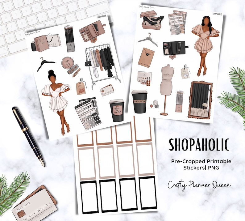 Op de afbeelding: Een set bedrukbare stickers met illustraties van mode, winkelen en koffie. De stickers zijn voorgeknipt en klaar om te worden afgedrukt. De tekst "SHOPAHOLIC" en "Crafty Planner Queen" is opgenomen in het ontwerp.