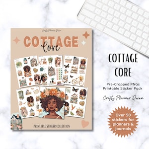 Puede incluir: Un paquete de pegatinas imprimibles con más de 50 pegatinas con temática cottagecore. Las pegatinas presentan ilustraciones de casas, flores, mariposas y una mujer con una corona de girasoles. El texto "COTTAGE CORE" está en letras grandes en la parte superior de la imagen.