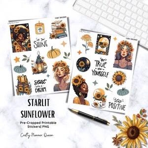 May include: A set of printable stickers featuring sunflowers, pumpkins, stars, and inspirational quotes such as "Let You Shine", "Start With A Dream", "Be True To Yourself", and "Stay Positive".