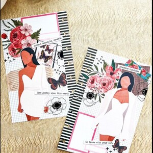 K&ouml;nnte beinhalten: Zwei Seiten aus einem Planer mit schwarz-wei&szlig;en gestreiften R&auml;ndern. Jede Seite zeigt ein schwarz-wei&szlig;es Rastermuster, ein Blumenmuster mit rosa und wei&szlig;en Blumen, einen Schmetterling und eine Frau in einem wei&szlig;en Kleid. Der Text auf den Seiten lautet "collect beautiful moments", "live gently upon this earth", "practice kindness" und "be brave with your life".