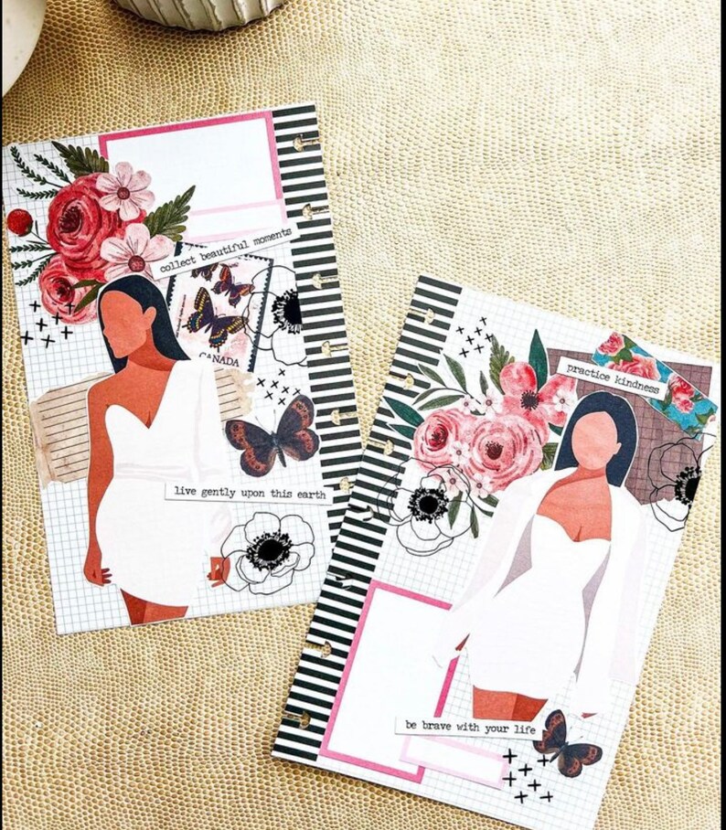 K&ouml;nnte beinhalten: Zwei Seiten aus einem Planer mit schwarz-wei&szlig;en gestreiften R&auml;ndern. Jede Seite zeigt ein schwarz-wei&szlig;es Rastermuster, ein Blumenmuster mit rosa und wei&szlig;en Blumen, einen Schmetterling und eine Frau in einem wei&szlig;en Kleid. Der Text auf den Seiten lautet "collect beautiful moments", "live gently upon this earth", "practice kindness" und "be brave with your life".