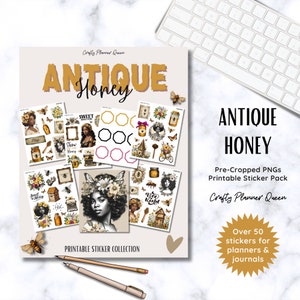 May include: A printable sticker pack with over 50 stickers featuring a vintage honey theme. The stickers include bees, honeycombs, flowers, and a woman with a beehive hairdo. The text "Antique Honey" is featured on the cover.