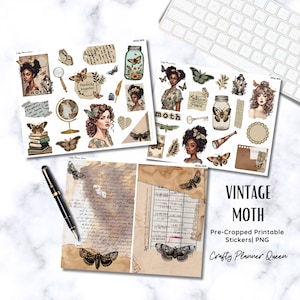 Vintage Moth Sticker Kit: Printable Journal & Planner Stickers (PNG)