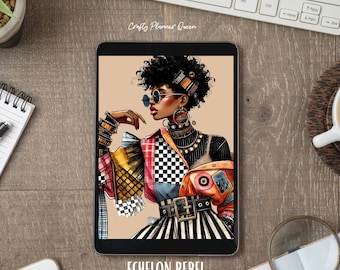 Tableau de bord afrofuturiste, tableau de bord planificateur imprimable, papier peint iPad, histoire des noirs, haute couture, impression d&#39;art