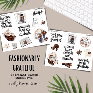 Afdrukbare stickers, dankbaarheid planner stickers, digitale herfststickers, dankbare citaten, PNG, gesneden bestand