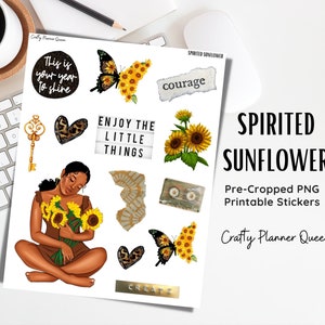 May include: Printable stickers featuring sunflowers, butterflies, a woman holding sunflowers, a key, a heart, a cassette tape, and text that says "This is your year to shine", "Enjoy the little things", "Courage", and "Create".