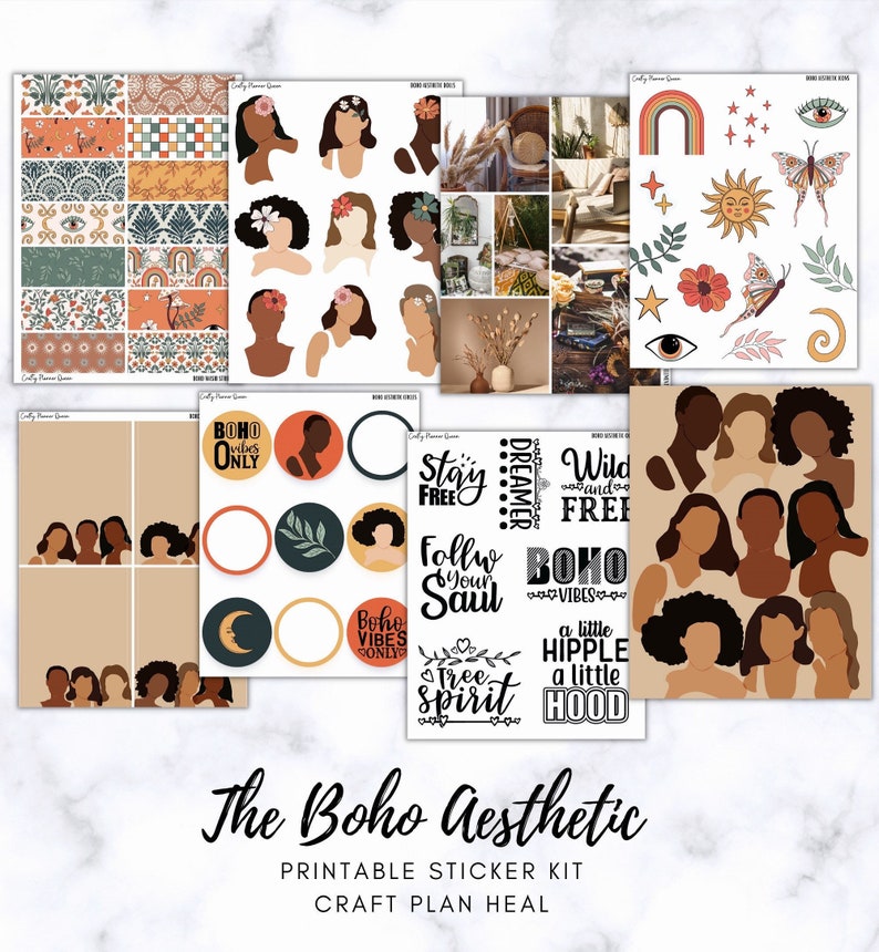 May include: Printable sticker kit with a boho aesthetic. The kit includes stickers with various designs, including abstract faces, flowers, suns, moons, and text phrases like "boho vibes only" and "stay free".