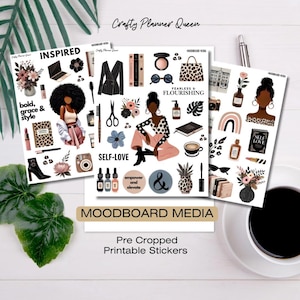 Kit de adesivos estéticos para impressão | PNGs pré-cortados para Cricut e Silhouette | Adesivos de planejador de moda e amor próprio, clipart de moodboard