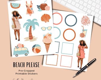 Printable stickers, beach clipart, Summer stickers, digital planning stickers, pastel stickers, abstract African American, cut files