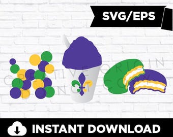 May include: A set of three Mardi Gras themed SVG files. The first file is a purple, green, and gold Mardi Gras bead necklace. The second file is a purple snow cone in a white cup with a fleur-de-lis design. The third file is a green and purple King Cake with a white filling.