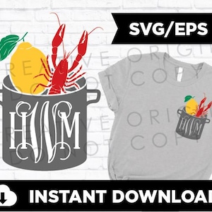 May include: A gray pot with a lemon and a red crawfish inside. The pot has the letters "HIM" in white on the front.  The image is for a digital download of a SVG/EPS file.