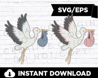 May include: Two stork illustrations, one carrying a blue bag and the other carrying a pink bag. The storks are white with gray and pink feathers. The text "SVG/EPS" is at the top of the image. The text "INSTANT DOWNLOAD" is at the bottom of the image.