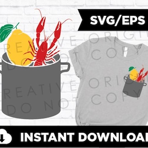 Puede incluir: Un cangrejo rojo y un limón amarillo están dentro de una olla gris. La imagen es una descarga digital para un archivo SVG o EPS.