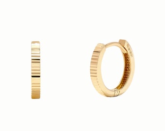 Gold Earrings |  14K Solid Diamond-Cut Huggie Earrings, 12mm |Real 14K Gold Hoops | Gold Huggie Earrings | Flat Hoop Earrings Perfect Gift