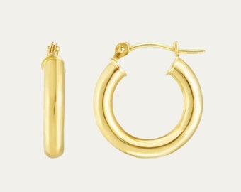 14K Gold High Polish Hoop Earrings 13mm| Minimalist Everyday Huggie Earrings | Gold Hoops | Christmas Gift