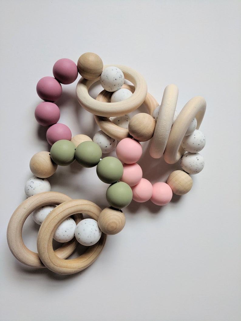 Silicone and Wood Beaded Teether Rattle Baby teething ring Etsy