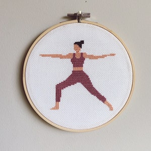 Warrior II Yoga Pose Cross Stitch | Yoga Cross Stitch | Gift for Yoga Teacher | Made-to-Order Cross Stitch Hoop